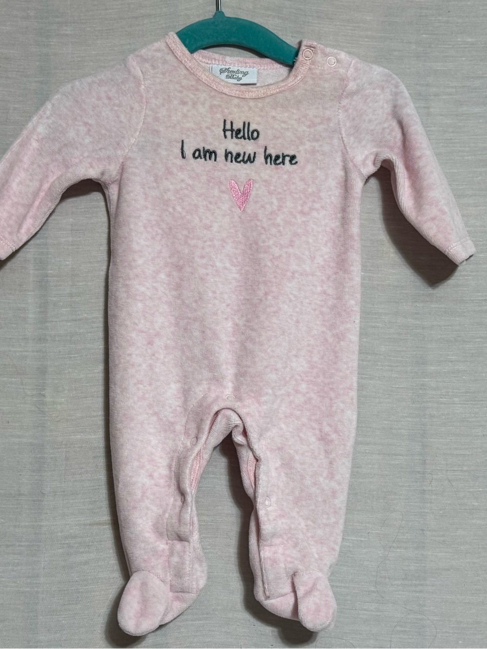 Sterling Baby 3M Pink Velour Hello I Am New Here Footed Sleeper